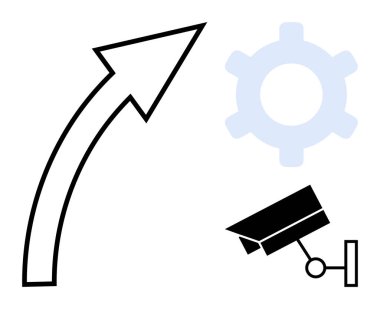 Yukarı ok, bir dişlinin ve güvenlik kamerasının yanında yenilik, gelişme, otomasyon, teknoloji, sistem, ilerleme ve güvenliği simgeliyor. Büyüme ve strateji izleme süreci için ideal