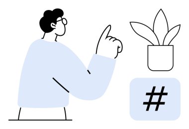 Saksı bitkisi ve meta veri etiketinin yanında el hareketleriyle hareket eden bir adam. Modern tasarım, yaratıcılık, takım çalışması, iletişim, sosyal medya, bloglar ve basit iniş sayfası için ideal