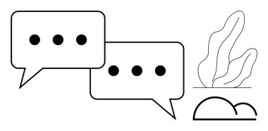 İletişim için elips içeren iki konuşma baloncuğu, soyut bitki ve bulut şekilleriyle birlikte. İdeal mesajlaşma, sohbet uygulamaları, iletişim araçları, takım çalışması, ağ oluşturma, tartışmalar, basit