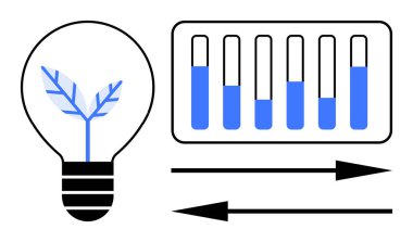 İçinde yaprak olan ampul, değişen sıvı seviyeleriyle dolu test tüpleri ve ilerlemeyi veya işlemleri gösteren oklar. Yaratıcılık, sürdürülebilirlik, yenilik, ilerleme, araştırma için ideal