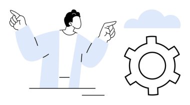 İnsanoğlu bulut ve teçhizata doğru hareket ederek yeniliği, bulut teknolojisini ve sistem optimizasyonunu sembolize ediyor. Takım çalışması için ideal, teknik çözümler, beyin fırtınası, ağ oluşturma, geliştirme süreci basit