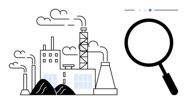 Fabrika duman yayıyor büyüteç kullanarak analiz, sürdürülebilirlik ve kalite kontrolü vurguluyor. Denetleme, kirlilik, güvenlik, yenilik, araştırma, basit iniş için ideal