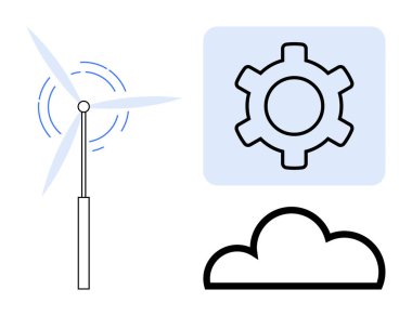 Rüzgar türbini enerji üretiyor, teçhizat teknolojiyi simgeliyor, veri depolamak için bulut. Yenilenebilir enerji, yenilik, sürdürülebilirlik, teknoloji, bulut hesaplama, otomasyon sade iniş için ideal