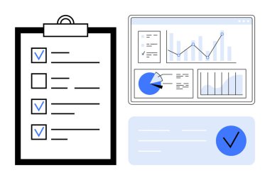Kontrol listeli pano, analitik çizelgeli veri paneli ve onay sembolü. Veri analizi, proje planlaması, üretkenlik, iş akışı optimizasyonu, yönetim, organizasyon için ideal