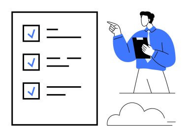 İşaretli kutularla dolu büyük listeyi işaret eden bir adam, organizasyonu, verimliliği, görev önceliklerini, proje yönetimini, hedef belirleme, iş akışı otomasyonunu vurguluyor. İdeal