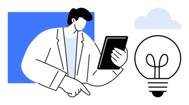 İşadamı elinde tablet tutarak ampul ve bulutla sembolize edilen fikirlere işaret ediyor. Yenilik için ideal, iş stratejisi, yaratıcılık, veri analizi, dijital planlama, problem çözme, düz