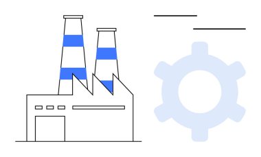 Üretimi, üretkenliği ve teknolojiyi temsil eden büyük bir vites simgesinin yanında çizgili bacaları olan bir fabrika. Endüstri, mühendislik, üretim, yenilik, teknoloji otomasyonu için ideal