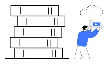 Bir video arayüzü üzerinden içeriği bulut deposuna yükleyen adamın yanındaki büyük sunucu yığını. Veri depolama, bulut teknolojisi, dijital güvenlik, çevrimiçi hizmetler, bilişim altyapısı, dosya için ideal