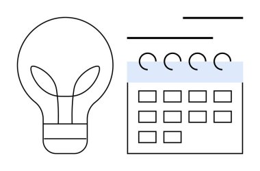 Zaman yönetimini, zaman çizelgesini ve yeniliği simgeleyen bir takvimin yanındaki fikirler için ampul. Yaratıcılık, üretkenlik, planlama, strateji, organizasyon beyin fırtınası yenilikleri için idealdir. Düz