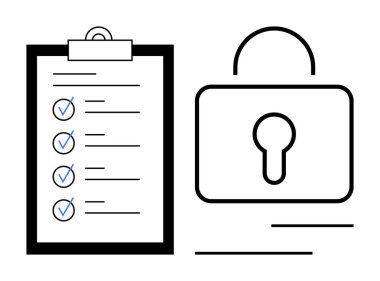 Güvenliği vurgulayan asma kilit sembolünün yanında kontrol listesi ve mavi keneler olan pano. Güvenlik, uyum, düzenleme, veri koruması, organizasyon, başarı, görev yönetimi için idealdir. Düz basit