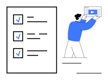 Tamamlanmış görevleri olan bir kontrol listesinin yanında video oynatıcı ekranı tutan adam. Üretkenlik, görev yönetimi, içerik oluşturma, çevrimiçi öğrenme, organizasyon, planlama, basit iniş sayfası için ideal