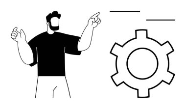 Takım çalışmasını, yenilikçiliği ya da mekaniği temsil eden büyük dişli çarklara doğru hareket eden kişi. Teknoloji, iş akışı, endüstri, süreçler, verimlilik liderliği için ideal basit iniş sayfası