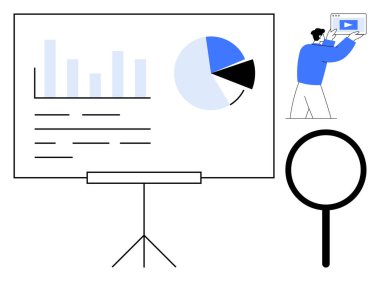Ekrandaki çizelge ve grafikleri analiz eden sunucu, cam renklendirme detaylarını büyütüyor. Analiz, takım çalışması, eğitim, strateji, iş büyümesi, araştırma, basit iniş sayfası için ideal