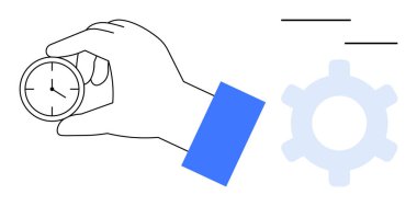 Zaman verimliliği, verimliliği, verimliliği, görev yönetimini ve optimizasyonu temsil eden bir dişlinin yanında elle kavrayan saat. Bitiş tarihleri, strateji, iş akışı, takım çalışması başarısı için ideal basit bir metafor