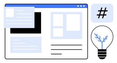 İçerik kartları, meta veri etiketi ve ampul içeren web düzeni yenilik, organizasyon ve işbirliğini sembolize ediyor. Tasarım, markalaşma, pazarlama, takım çalışması yaratıcılık ağı için ideal basit