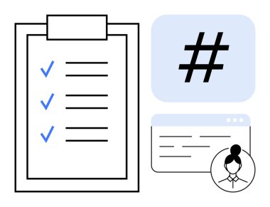 Kontrol listeli pano, büyük üstveri etiketi, metin ve kullanıcı profilli tarayıcı penceresi. Üretkenlik, görev yönetimi, sosyal medya, takım çalışması, çevrimiçi platformlar için ideal çalışma sade iniş akışı