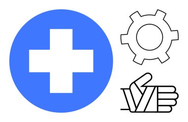 Mavi sağlık haçı, vites sembolü ve sağlık, destek ve çözümleri temsil eden bandajlı bir el. Sağlık, ilaç, sağlık, iyileştirme, tıbbi teknoloji yardımı için idealdir.