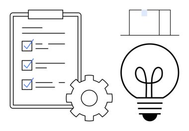 Görev listeli pano, optimizasyonu sembolize eden vites, fikirler için ampul ve teslimatı temsil eden açık kutu. Üretkenlik, yaratıcılık, planlama, yenilik, iş akışı stratejisi için ideal