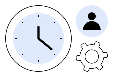 Saatli saat, dişli ve kullanıcı simgesi zaman izleme, üretkenlik, iş yönetimi ve görev otomasyonunu sembolize eder. Verimlilik, zamanlama, proje planlama takım çalışması organizasyonu için ideal