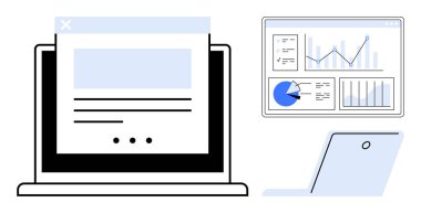 Web sayfası düzenine sahip dizüstü bilgisayar, grafikler, grafikler ve küçük aygıtlarla veri analizi görüntüsü. İş için ideal, veri analizi, eğitim, web tasarımı, pazarlama teknolojisi basit iniş sayfası