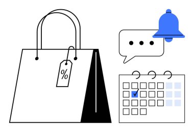 İndirim etiketli kağıt alışveriş torbası, uyarı zili ve işaretli tarihli takvim. Satışlar, indirimler, hatırlatıcılar, planlama, kampanyalar, sade bir metaforla perakende satış yapmak için ideal.