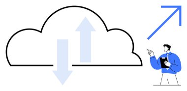 Oklu bulut veri transferini gösteriyor. İşadamı büyüme okunda tablet ucu tutuyor. Teknoloji, veri, analitik, iş, bulut depolama, ilerleme stratejisi için ideal. Düz basit metafor