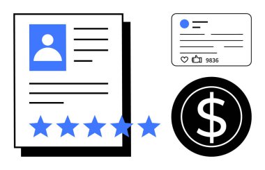 Profil detayları, beş yıldız, sosyal medya istatistik kartı ve dolar ikonu ile devam edin. İşe alım, performans değerlendirmesi, nüfuzlu pazarlama, para kazanma, kariyer büyümesi, kullanıcı geribildirimi için ideal