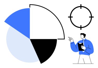 Elinde pano tutan bir işadamı hassas hedefin yanındaki segmentli pasta grafiklerine işaret ediyor. İş analizi, hedefler, strateji, üretkenlik, planlama, karar verme hedefleri için idealdir. Düz