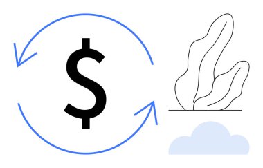 Akışı ve geri dönüşümü sembolize eden oklarla çevrili dolar işareti, soyut doğa ve bulut şekillerinin yakınında. Sürdürülebilirlik, finans, dairesel ekonomi, çevre dostu kavramlar, büyüme, tasarruf için ideal