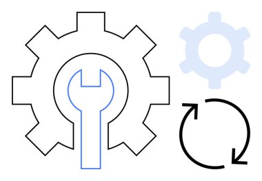 Inset anahtarı, soluk dişli vites ve onarımı, verimliliği ve işlem optimizasyonunu sembolize eden bisiklet okları. Bakım, onarım, mühendislik, iş akışı araçları için idealdir üretkenlik düzlüğü basit