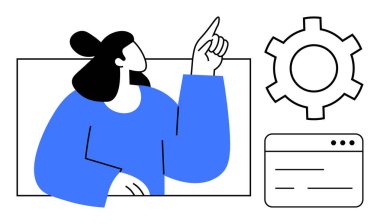 Yukarı doğru hareket eden kadın figürü, süreç veya sistem için dişli dişli dişli dişli, teknoloji için web sayfası arayüzü. Yenilik için ideal, takım çalışması, problem çözme, yönetim, planlama, strateji sade iniş sayfası