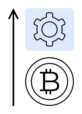 Teknolojiyi temsil eden dişli simgesi Bitcoin sembolü ve yukarı doğru ok, büyüme ve yeniliği gösteriyor. Engelleme zinciri, kripto para birimi, fintech, yatırım, dijital ekonomi ve teknoloji için ideal