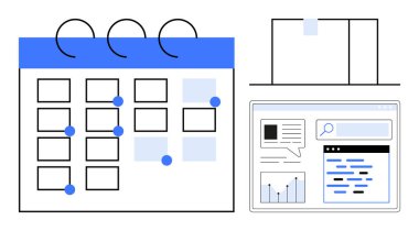 İşaretli olaylar, yapışkan notlar ve grafikleri ve arama çubuğunu gösteren bir panelle takvim. Organizasyon, zamanlama, hedef izleme, verimlilik, görev yönetimi, iş akışı planlaması için ideal