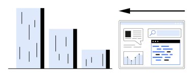 Arama, çizelge ve metni gösteren bir web sayfasını gösteren bir okla çubuk grafiği sıralı olarak azalıyor. Analiz, istatistik, büyük veri, veri görselleştirme, iş akışı, dijital için ideal