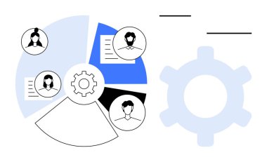 Dairesel çizelgede takım profilleri ve bölümlere ayrılmış belgeler verimliliği sembolize ediyor. Takım çalışması, organizasyon, optimizasyon, planlama, görev yönetimi, işbirliği için ideal