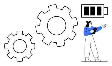 Elinde büyük vitesler ve akü ikonu ile ilerlemeye işaret eden bir tablet tutan kadın, verimliliği, enerjiyi ve takım çalışmasını simgeliyor. Üretkenlik, iş, teknoloji, yenilik ve enerji için ideal