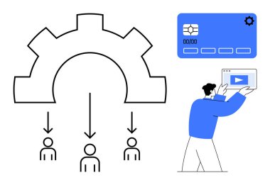 İş akışı otomasyonu için üç kullanıcının üzerindeki vites sembolü, kredi kartı kullanıcısı, video arayüzü olan kişi. Teknoloji, iş, e-öğrenme, süreç optimizasyonu, ödeme sistemleri için ideal, çevrimiçi