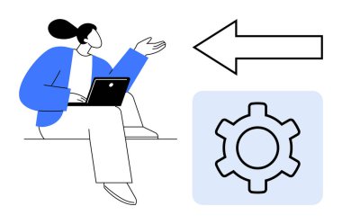 Elinde dizüstü bilgisayarla oturan biri ok ve vites simgesine işaret ediyor. Takım çalışması, süreç akışı, karar verme, beyin fırtınası, iş yeri iletişimi, verimlilik ipuçları ve basit bir iniş için ideal