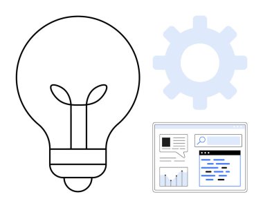 Ampul çizgisi, vites sembolü ve arayüz modeliyle minimalist kompozisyon. Yenilik için ideal, problem çözme, teknoloji, yaratıcılık, süreç, araştırma sade iniş sayfası