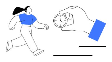Hareket halindeki bir kadına kronometre tutan bir el, zaman yönetimi, verimlilik, verimlilik, son teslim tarihleri, hedef belirleme, motivasyon ve koşuşturmayı sembolize ediyor. Düz basit metafor