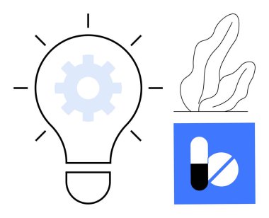 İçinde teçhizat olan ampul, bitki çizimi ve tıbbi hap soyut tasarımı. Teknoloji, yenilik, sağlık, doğa, yaratıcılık, modern kavramlar ve basit bir iniş sayfası için ideal