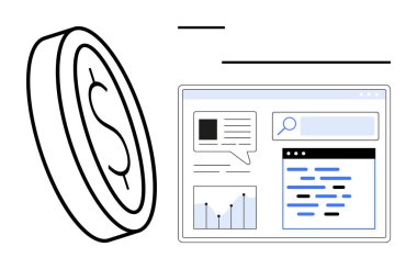 Masaüstü arayüzü para parasının yanında çizelgeleri, arama çubuğunu ve dijital iletişimi gösterir. İş, pazarlama, analitik, finans, yatırım, teknoloji sade iniş sayfası için ideal