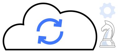 Mavi senkronize oklu bulutlar, satranç şövalyesi ve vites simgesi. Bulut hesaplama, veri entegrasyonu, strateji, otomasyon, yenilik, karar verme amaçlı düz metafor için ideal