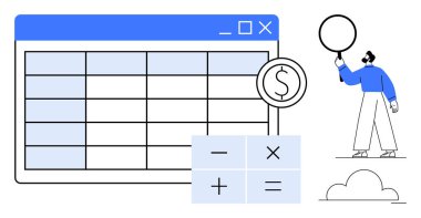 Hesap tablosu arayüzü, hesap simgeleri, dolar işareti parası, balon tutan kişi. Finansal yönetim için ideal, veri analizi, iş stratejisi, muhasebe, eğitim dijital araçları için basit