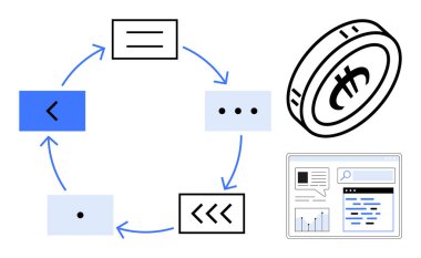 Blokları birbirine bağlayan oklarla dairesel akış, kripto para, dijital torpido gözü. Kripto para birimi, engelleme zinciri, veri süreci, finans teknolojisi, iş akışı, otomatik iniş sayfası için ideal