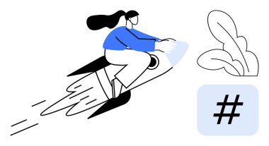 Hız izleri olan bir rokete binen kadın, meta veri etiketi ikonu ve soyut bitki. Yenilik için ideal, sosyal medya, dijital pazarlama, büyüme, yaratıcılık, ilerleme basit iniş sayfası