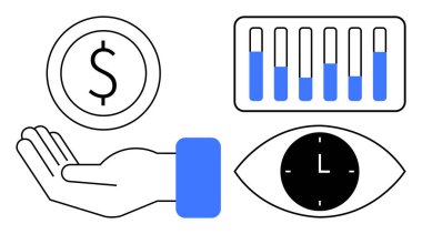 Elindeki para, bar çizelgesi, saati simgeleyen para, veri, zaman yönetimi, fon tahsisi, iş stratejisi, karar verme hedefi takibi. Finans uygulaması projesi için ideal