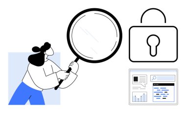 Kadın kilit simgesi ve dosya ve metin ile ağ arayüzü yanında büyüteç kullanıyor. Siber güvenlik, veri analizi, araştırma, gizlilik, web güvenliği, kullanıcı koruması, basit iniş sayfası için ideal