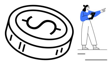 Elinde para işareti olan tablet tutan kadın, finans, yatırım ya da iş büyümesine odaklandığını gösteriyor. Bankacılık, tasarruf, fintech, danışmanlık, eğitim başarısı için ideal basit