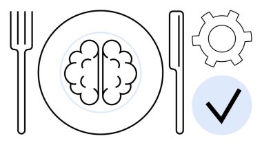 Çatal ve bıçakla çevrili bir beyin plakası, bitişik teçhizat ve kontrol işareti. Sağlıklı alışkanlıklar, dikkatli beslenme, akıl sağlığı, verimlilik, yaşam tarzı seçimleri, karar verme mekanizması, sade iniş